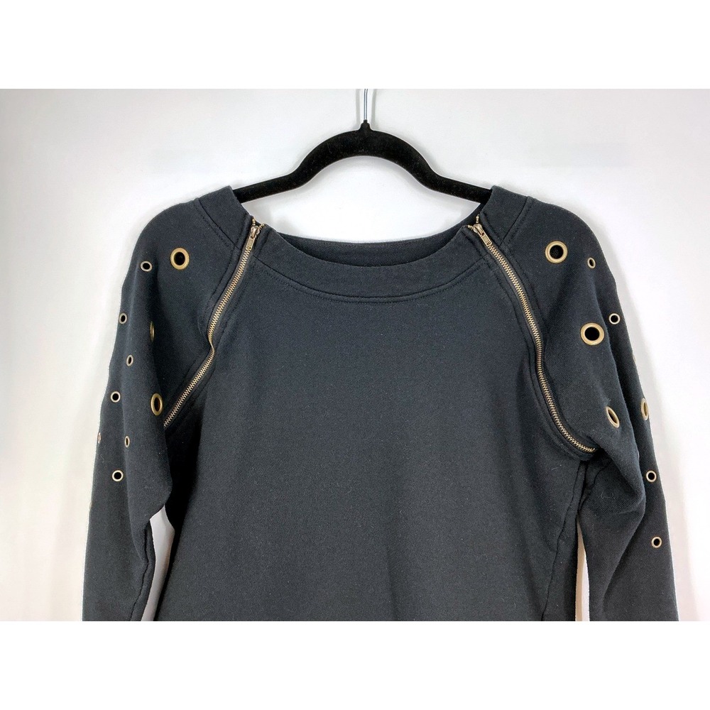VENUS Black Crewneck Pullover Sweatshirt M Zip Shoulder Grommet Sleeve Alt Edgy - Picture 4 of 10